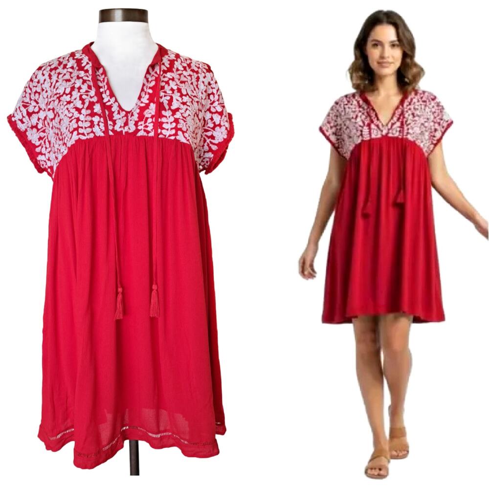 J.MARIE Floral Embroidered Mini Shift Dress Size Small Red White Boho Boxy